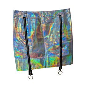 Holographic Metallic Skirt With Double Zipper & O-Ring Accents Women's Size M